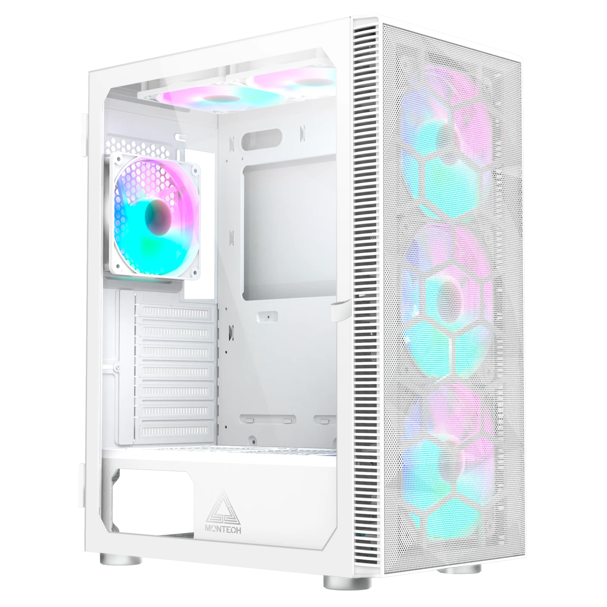 Montech X3 Mesh White – 3x 140 mm statische RGB-Lüfter + 3x 120 mm statische RGB-Lüfter. seitlich schwenkbares gehärtetes Glas