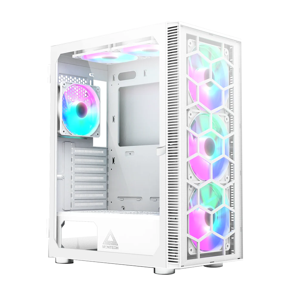 Montech X3 Glass White – 3x 140 mm statische RGB-Lüfter + 3x 120 mm statische RGB-Lüfter. seitlich schwenkbares gehärtetes Glas