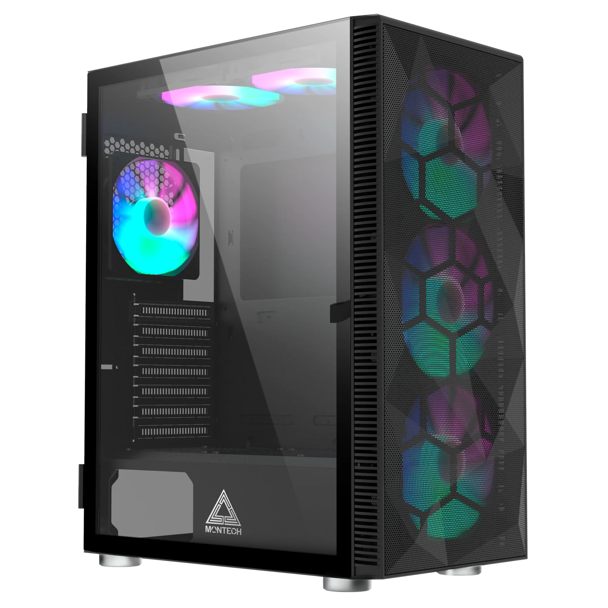 Montech X3 Mesh Black – 3x 140 mm statische RGB-Lüfter + 3x 120 mm statische RGB-Lüfter. seitlich schwenkbares gehärtetes Glas
